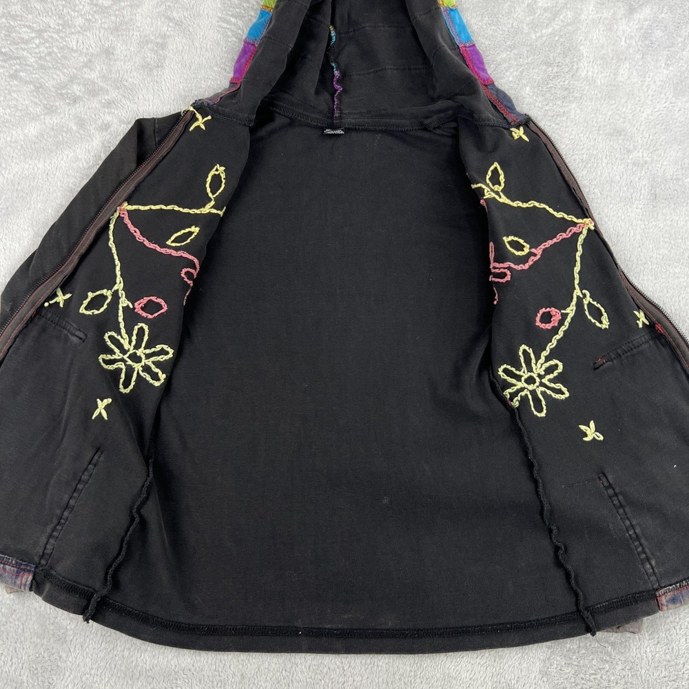Nepal Rainbow Patchwork Cut Out Hoodie Jacket M Black Women Boho Hippie Cotton - Picture 6 of 11